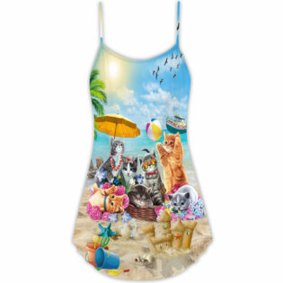 Cat Happy Love Beach Sunshine - V-neck Sleeveless Cami Dress - Owl Ohh - Owl Ohh