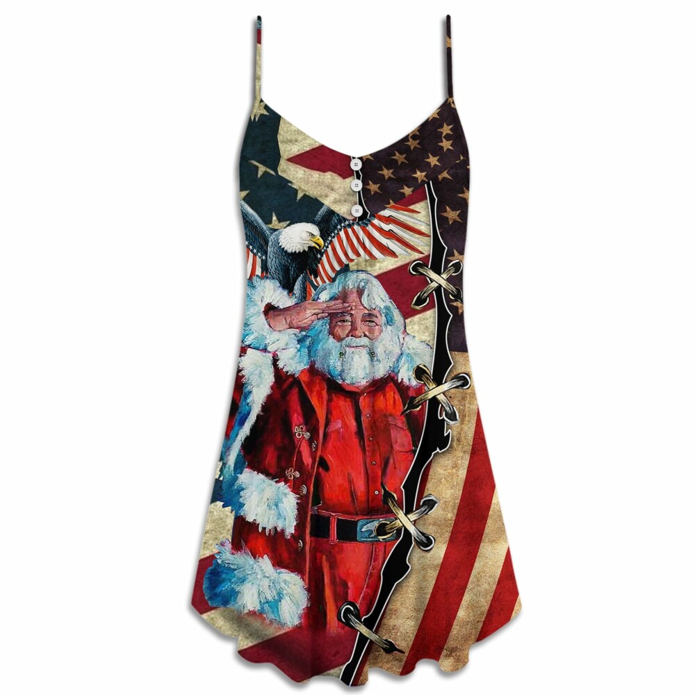 Christmas Patriot Santa Claus American Flag - V-neck Sleeveless Cami Dress - Owl Ohh - Owl Ohh