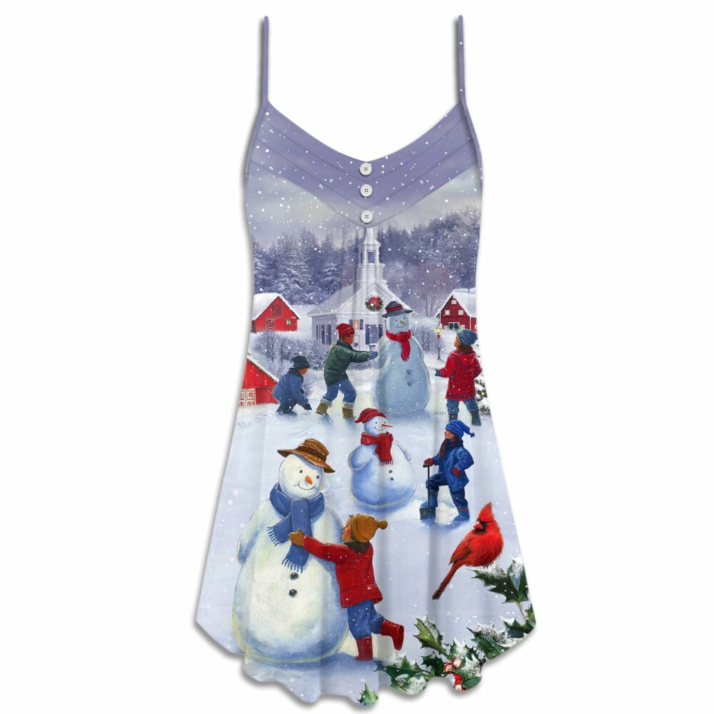Christmas Children Love Snowman In The Christmas Town - V-neck Sleeveless Cami Dress - Owl Ohh - Owl Ohh