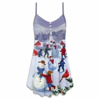 Christmas Children Love Snowman In The Christmas Town - V-neck Sleeveless Cami Dress - Owl Ohh - Owl Ohh