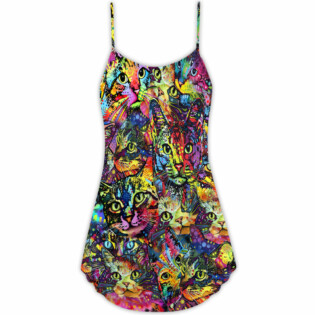 Cat Smile Colorful Style - V-neck Sleeveless Cami Dress - Owl Ohh - Owl Ohh