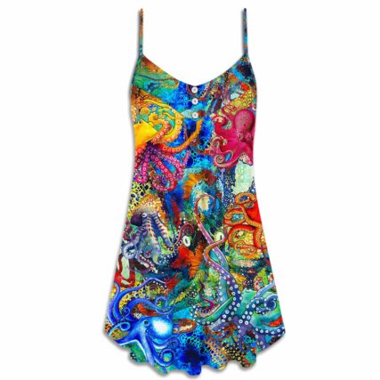 Octopus Lover Colorful Art Style - V-neck Sleeveless Cami Dress - Owl Ohh - Owl Ohh