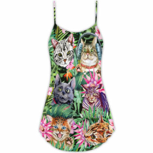Cat Is My Life Funny Tropical Leaf - V-neck Sleeveless Cami Dress - Owl Ohh - Owl Ohh