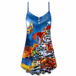 Christmas Dragon Family In Love Light Art Style - V-neck Sleeveless Cami Dress - Owl Ohh - Owl Ohh