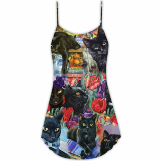 Black Cat Art With Flowers - V-neck Sleeveless Cami Dress - Owl Ohh - Owl Ohh