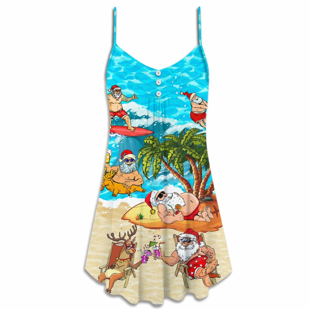 Christmas Santa Claus Chilling On The Beach Mele Kalikimaka Funny - V-neck Sleeveless Cami Dress - Owl Ohh - Owl Ohh