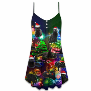 Christmas Tree Black Cat - V-neck Sleeveless Cami Dress - Owl Ohh - Owl Ohh