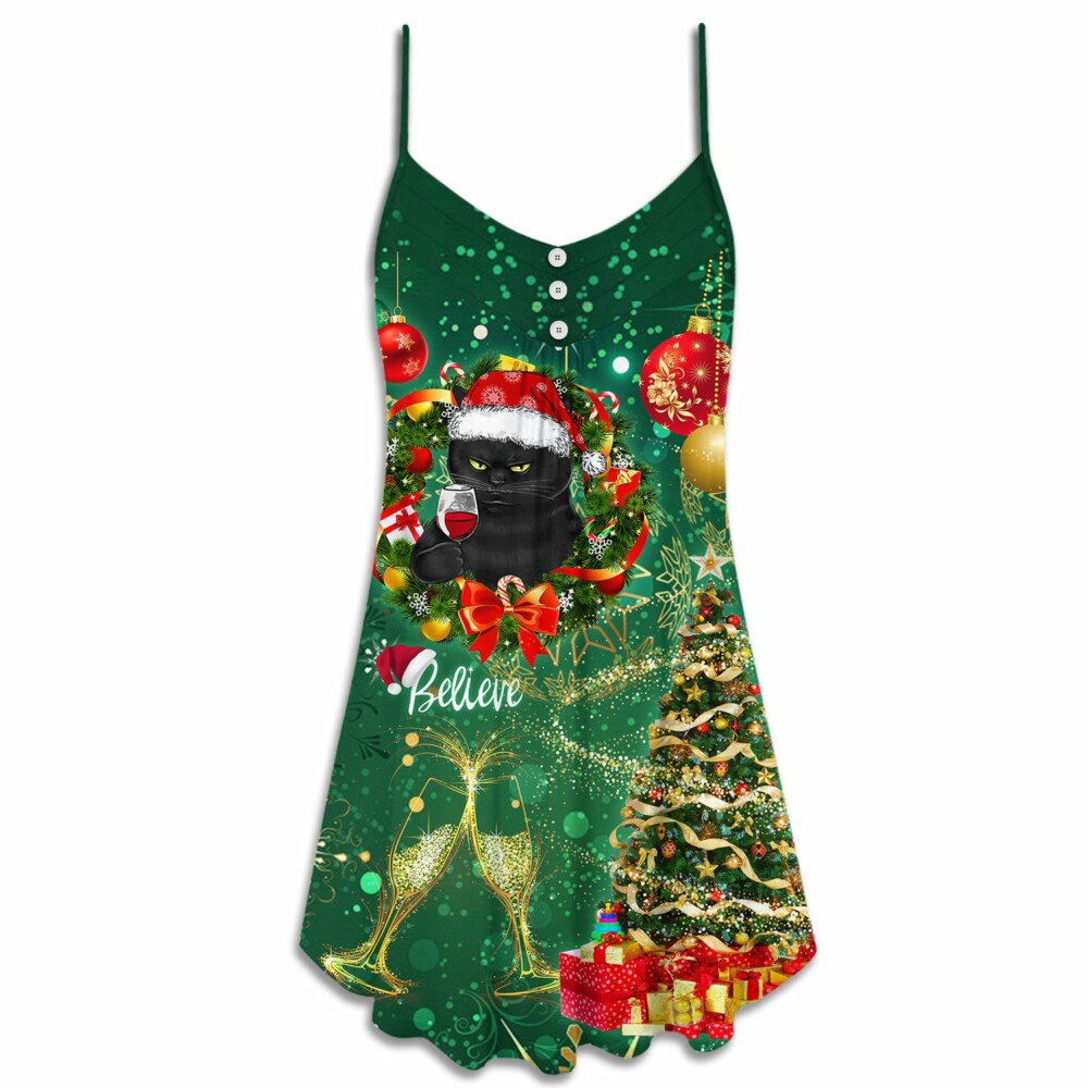 Christmas Black Cat Drinking Happy Christmas Tree Green Light - V-neck Sleeveless Cami Dress - Owl Ohh - Owl Ohh