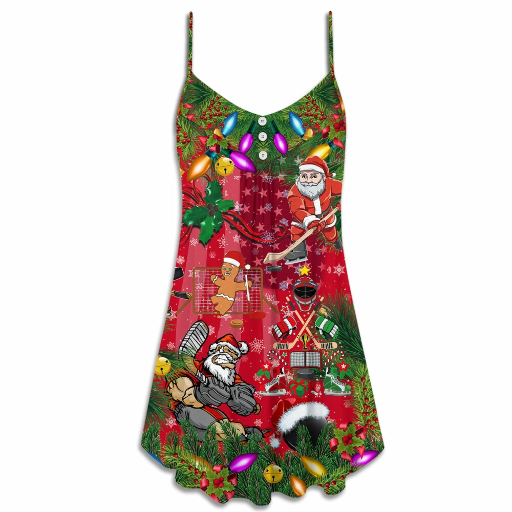 Christmas Come On Play Hockey With Santa Claus And Reindeer - V-neck Sleeveless Cami Dress - Owl Ohh - Owl Ohh