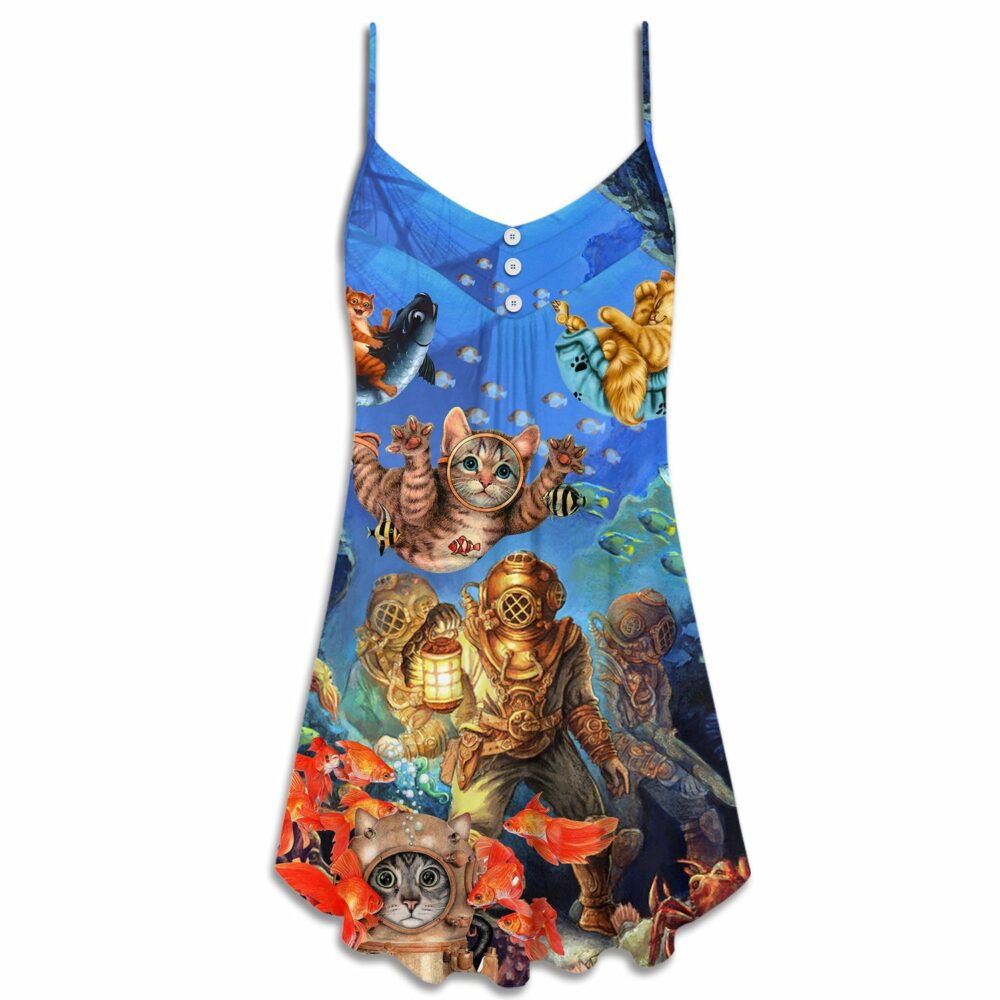 Diving Cat Under The Sea Art Style - V-neck Sleeveless Cami Dress - Owl Ohh - Owl Ohh