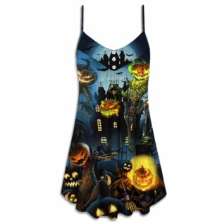 Halloween Pumpkin Scary Sky Night - V-neck Sleeveless Cami Dress - Owl Ohh - Owl Ohh