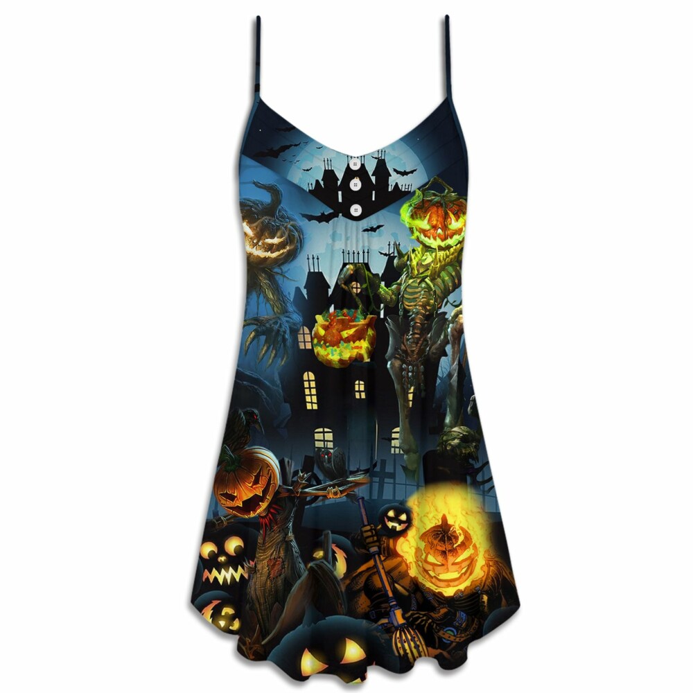 Halloween Pumpkin Scary Sky Night - V-neck Sleeveless Cami Dress - Owl Ohh - Owl Ohh