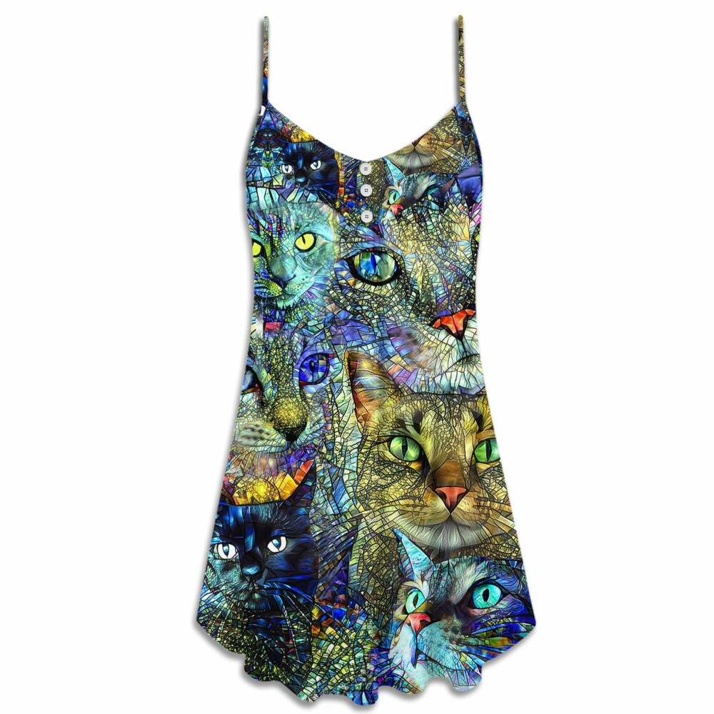 Cat Art Lover Cat Colorful Style - V-neck Sleeveless Cami Dress - Owl Ohh - Owl Ohh