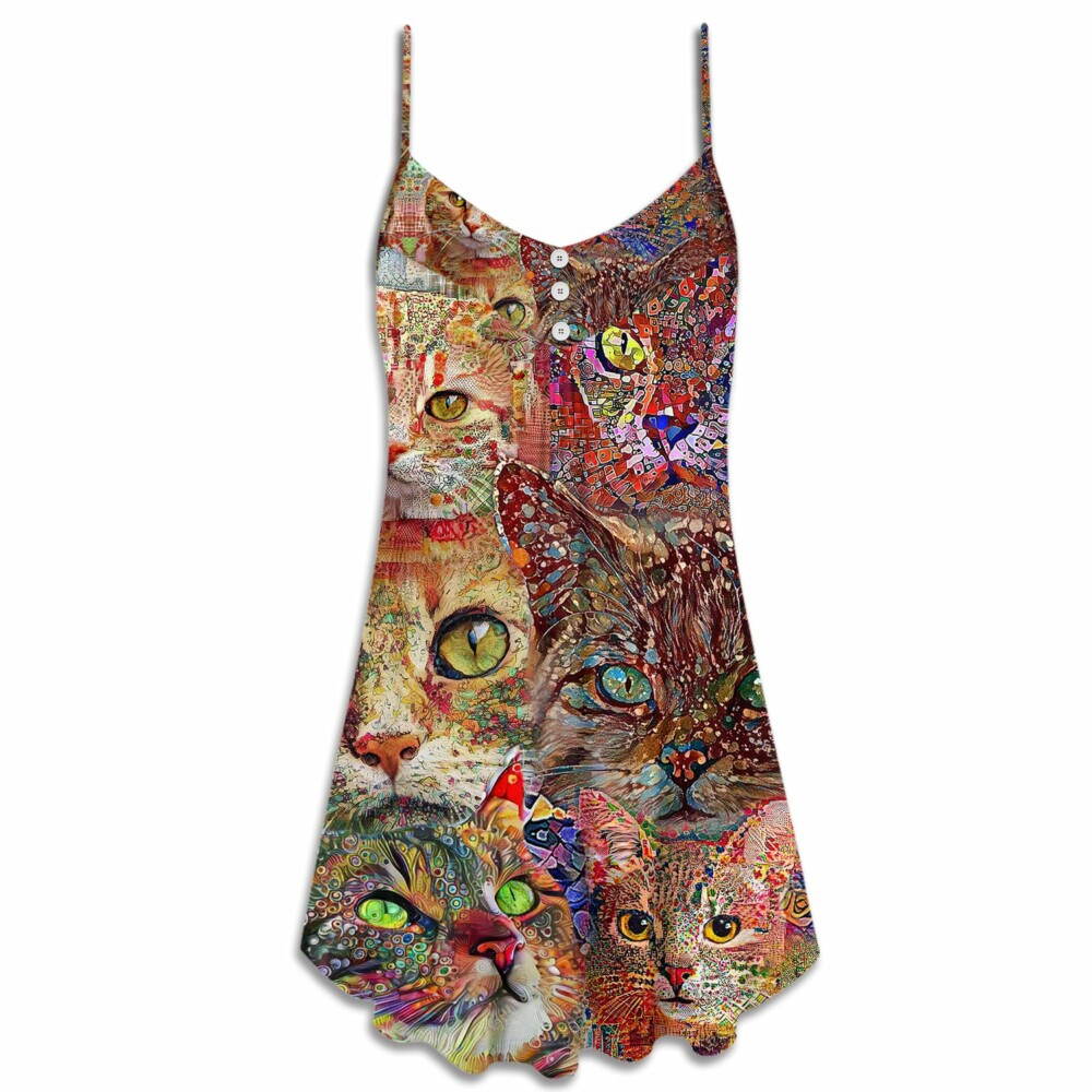 Cat Art Lover Cat Colorful - V-neck Sleeveless Cami Dress - Owl Ohh - Owl Ohh