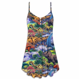 Dinosaur Art Coloful Style - V-neck Sleeveless Cami Dress - Owl Ohh - Owl Ohh
