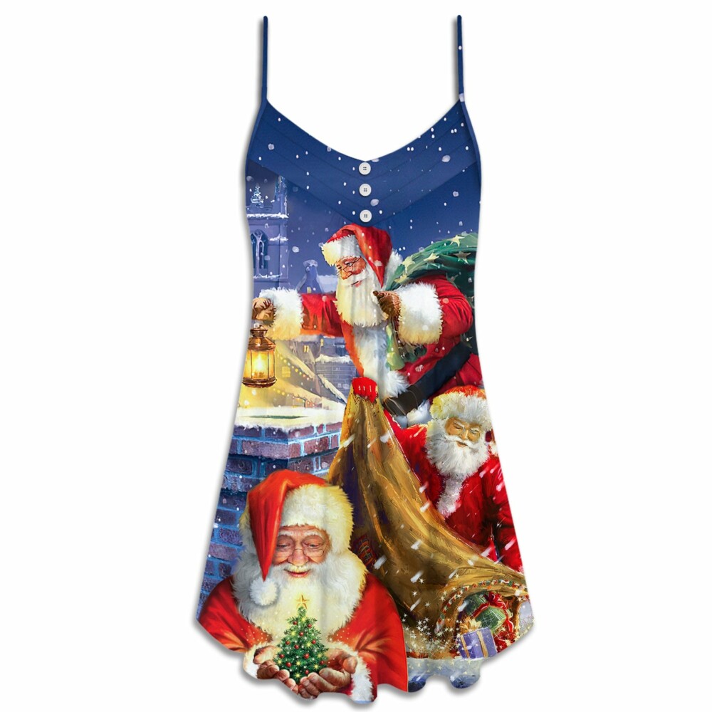 Christmas Funny Santa Claus Up On Rooftop Art Style - V-neck Sleeveless Cami Dress - Owl Ohh - Owl Ohh