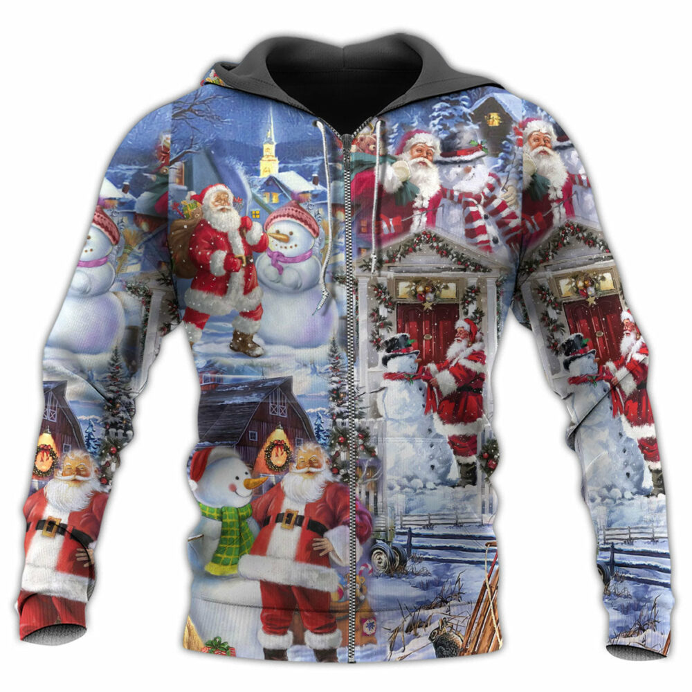 Santa And Snowman Happy Holiday Christmas - Hoodie - Owl Ohh - Owl Ohh