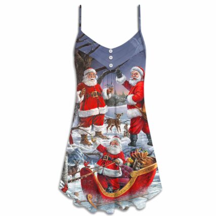 Christmas Funny Santa Claus Happy Xmas Is Coming Art Style High - V-neck Sleeveless Cami Dress - Owl Ohh - Owl Ohh