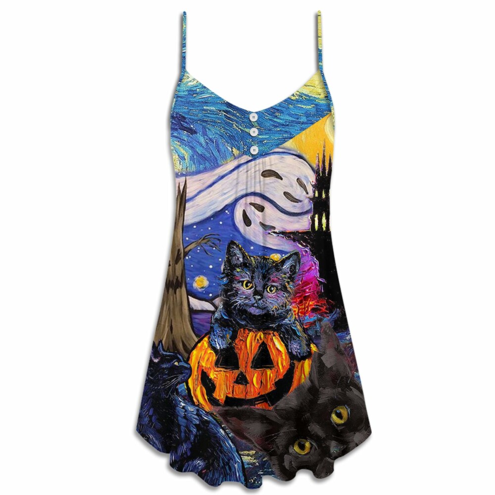 Halloween Black Cat Starry Night Funny Cat Painting Art Style - V-neck Sleeveless Cami Dress - Owl Ohh - Owl Ohh