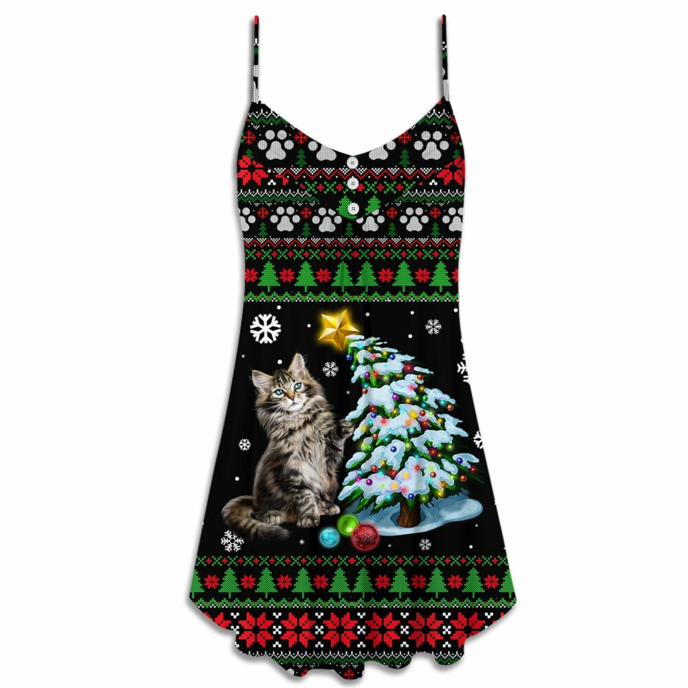 Christmas Cute Cat Wreck Tree Light Funny Ugly Style - V-neck Sleeveless Cami Dress - Owl Ohh - Owl Ohh