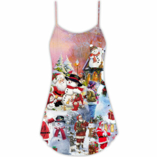 Santa And Snowman Christmas Snow Village - V-neck Sleeveless Cami Dress - Owl Ohh - Owl Ohh
