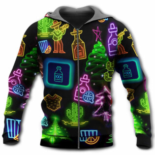 Wine Tequila Christmas Neon Art Drinking - Hoodie - Owl Ohh - Owl Ohh