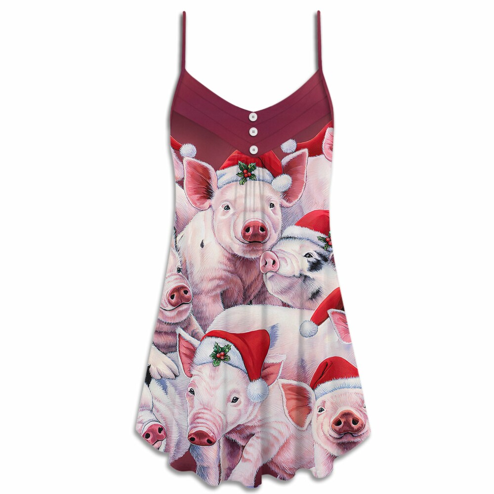 Christmas Piggies Funny Xmas Is Coming Art Style - V-neck Sleeveless Cami Dress - Owl Ohh - Owl Ohh