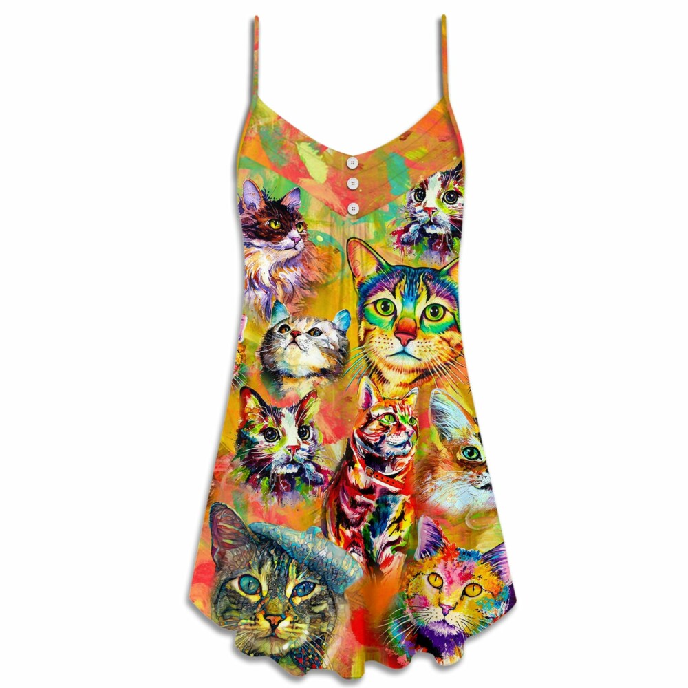 Cat Funny Lover Cat Colorful Painting Art Style - V-neck Sleeveless Cami Dress - Owl Ohh - Owl Ohh