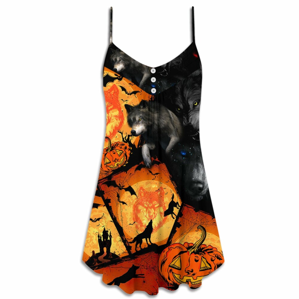 Halloween Wolf Pumpkin Scary - V-neck Sleeveless Cami Dress - Owl Ohh - Owl Ohh
