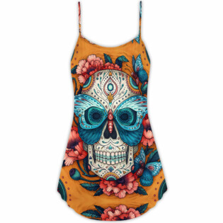 Skull And Butterfly Abstract Vintage Colorful - V-neck Sleeveless Cami Dress - Owl Ohh - Owl Ohh