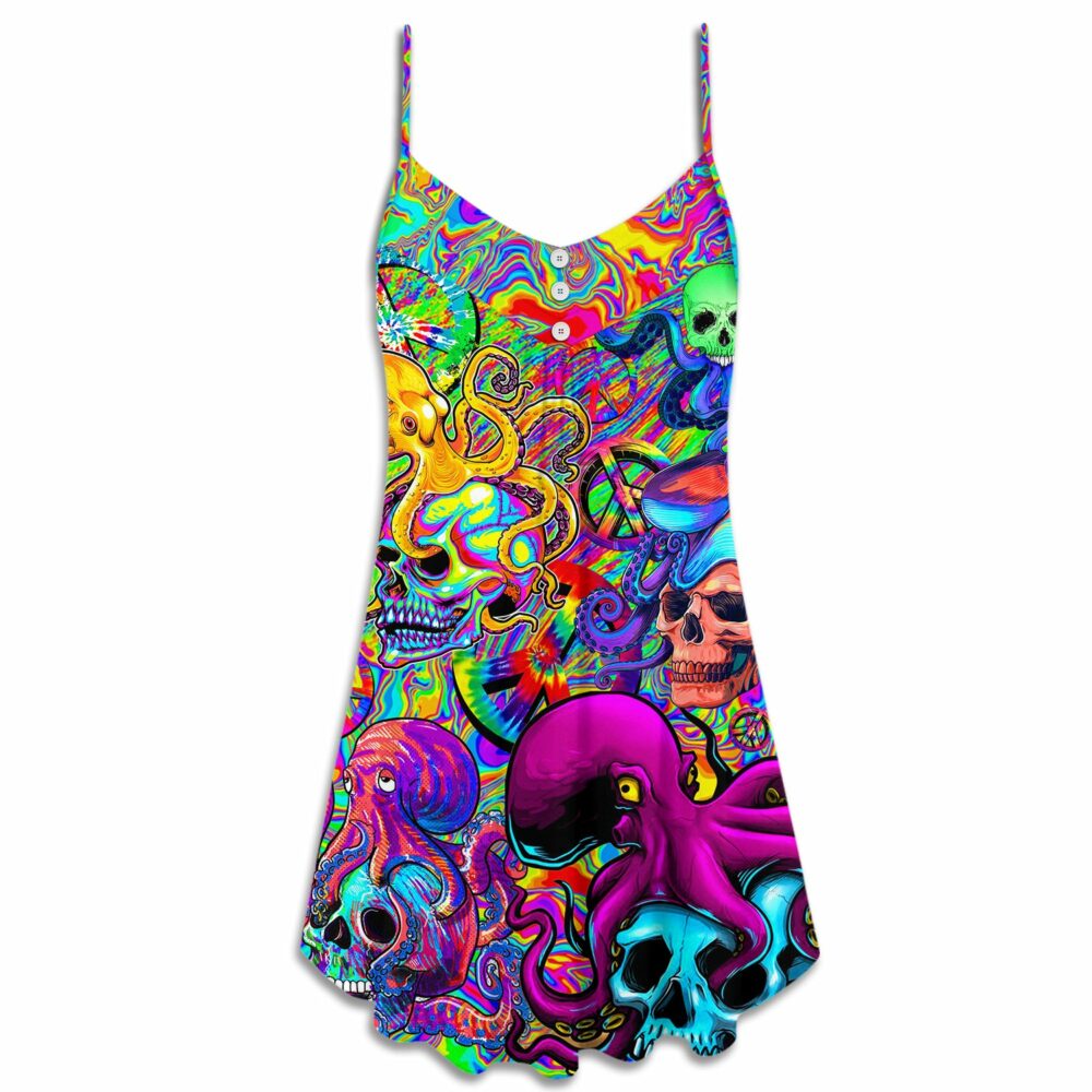 Hippie Skull Octopus Colorful Tie Dye - V-neck Sleeveless Cami Dress - Owl Ohh - Owl Ohh