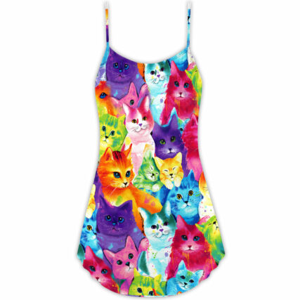 Cat Colorful Little Cute Kitten Happy Life - V-neck Sleeveless Cami Dress - Owl Ohh - Owl Ohh