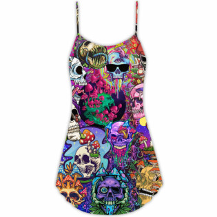 Hippie Mushroom And Skull Colorful Art - V-neck Sleeveless Cami Dress - Owl Ohh - Owl Ohh
