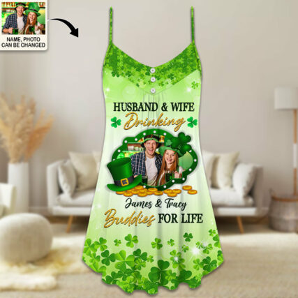 ST Patrick's Day Husband And Wife Dinking Buddies For Life Custom Photo Personalized - V-neck Sleeveless Cami Dress - Personalized Photo Gifts - Owl Ohh