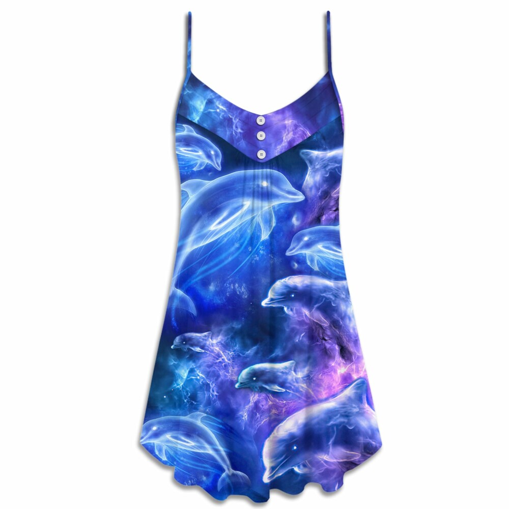 Dolphin Galaxy Neon Glow Style - V-neck Sleeveless Cami Dress - Owl Ohh - Owl Ohh
