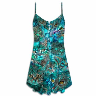 Cat Blue Art Lover Cat Colorful Style - V-neck Sleeveless Cami Dress - Owl Ohh - Owl Ohh