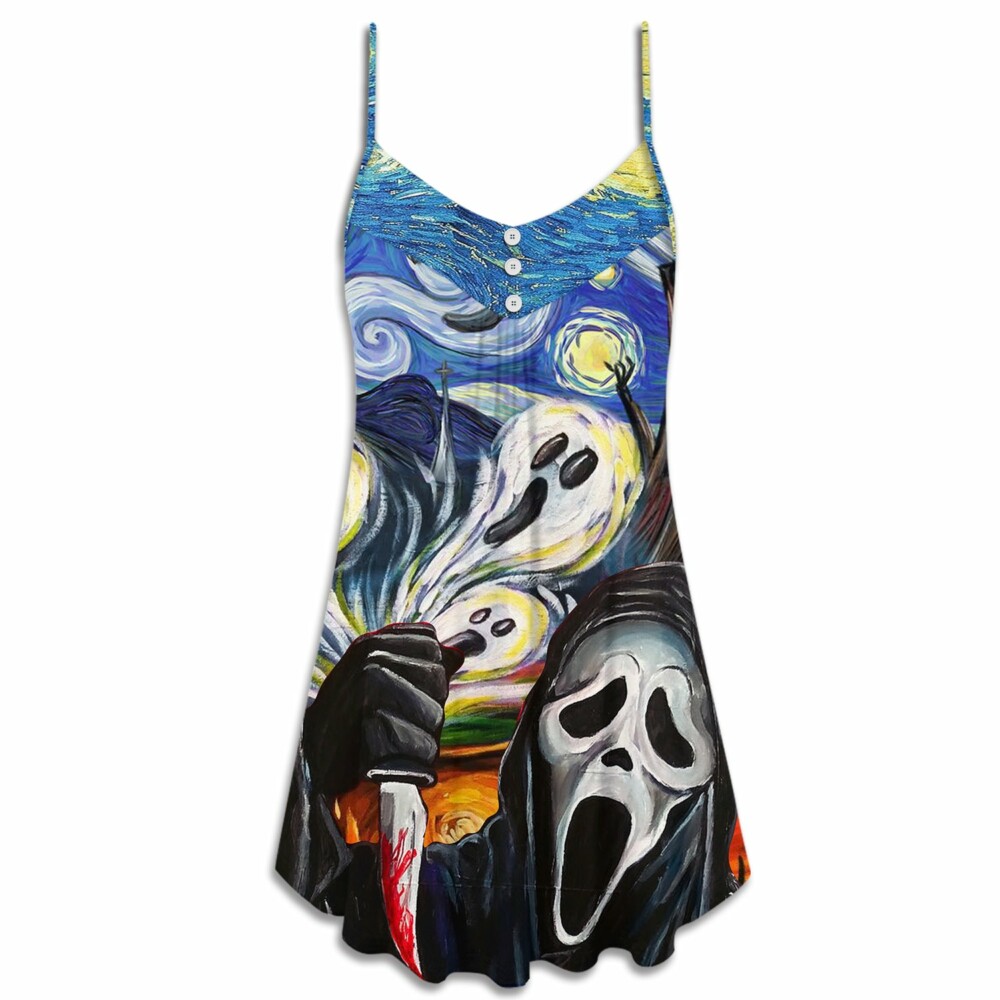 Halloween Ghost Scream Starry Night Funny Boo Art Style - V-neck Sleeveless Cami Dress - Owl Ohh - Owl Ohh