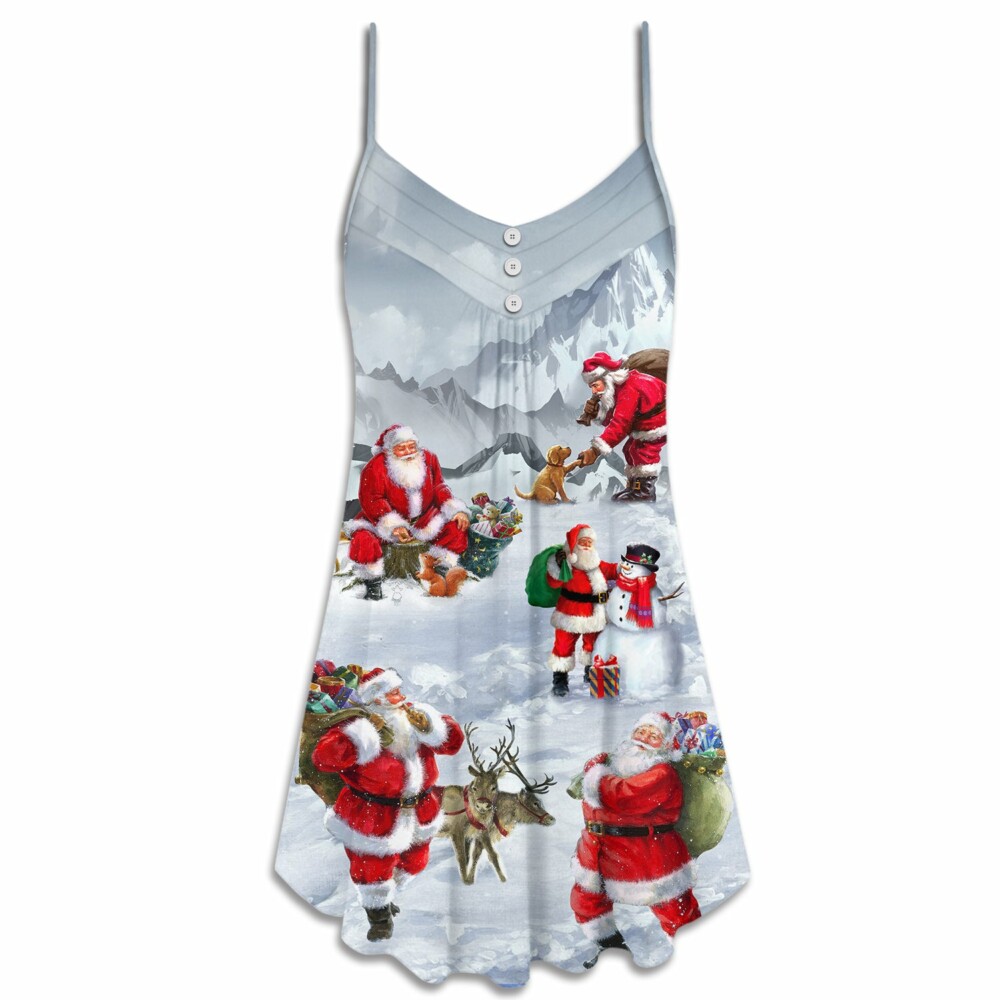 Christmas Santa Claus In The Snow Mountain Art Style - V-neck Sleeveless Cami Dress - Owl Ohh - Owl Ohh