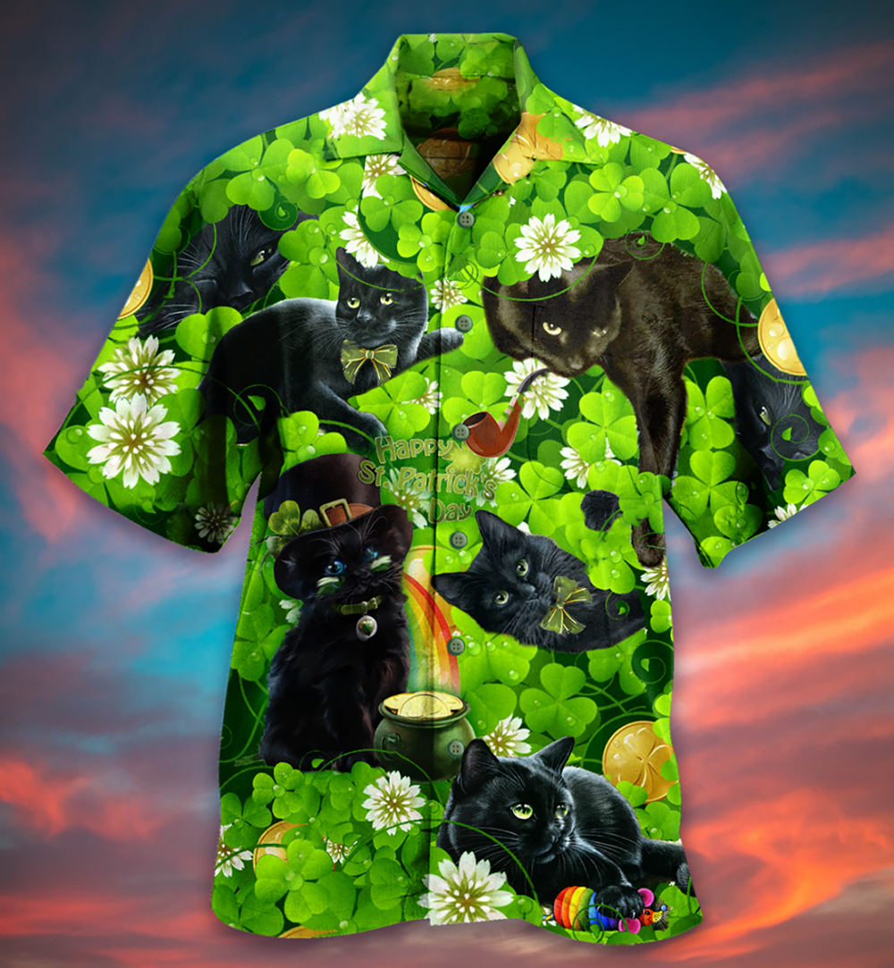 Black Cat Love Green Leaf - Hawaiian Shirt - Owl Ohh - Owl Ohh