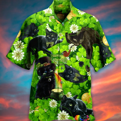 Black Cat Love Green Leaf - Hawaiian Shirt - Owl Ohh - Owl Ohh