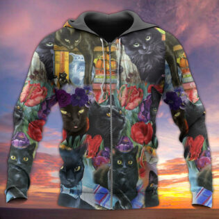 Black Cat Art With Flowers - Hoodie - Owl Ohh - Owl Ohh