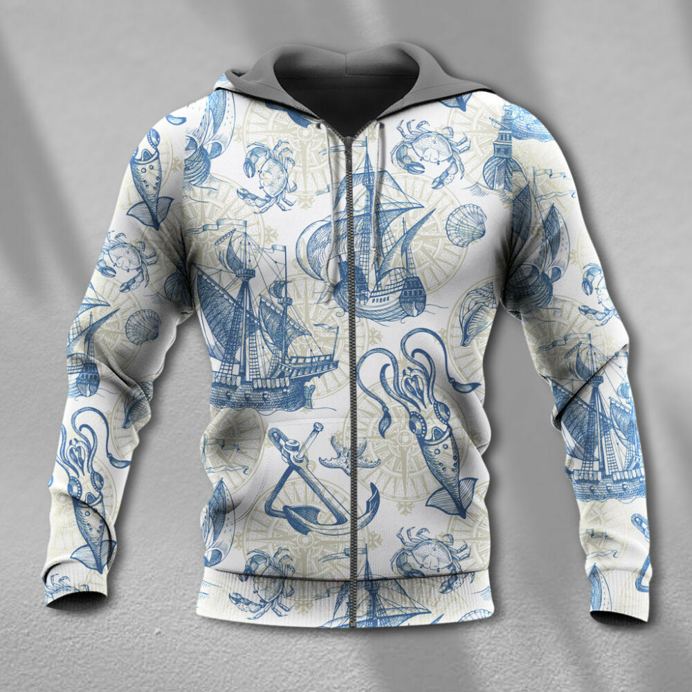 Ocean Life Vintage Sailboat Sea Monster Geographical Maps - Hoodie - Owl Ohh - Owl Ohh