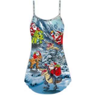 Christmas Santa Claus Riding Dinosaur Christmas Tree Gift Light Art Style - V-neck Sleeveless Cami Dress - Owl Ohh - Owl Ohh