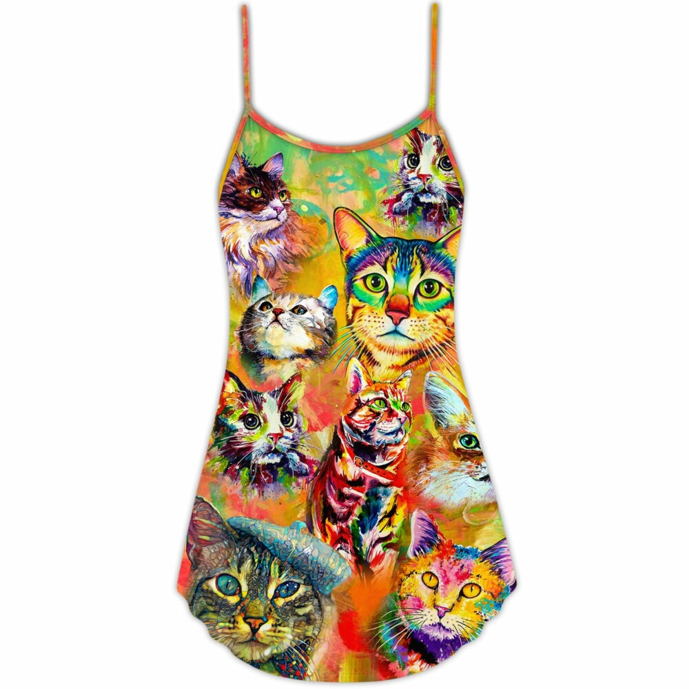 Cat Funny Lover Cat Colorful Painting Art Style - V-neck Sleeveless Cami Dress - Owl Ohh - Owl Ohh