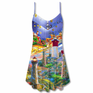Lighthouse Christmas Santa Home The Light Is - V-neck Sleeveless Cami Dress - Owl Ohh - Owl Ohh
