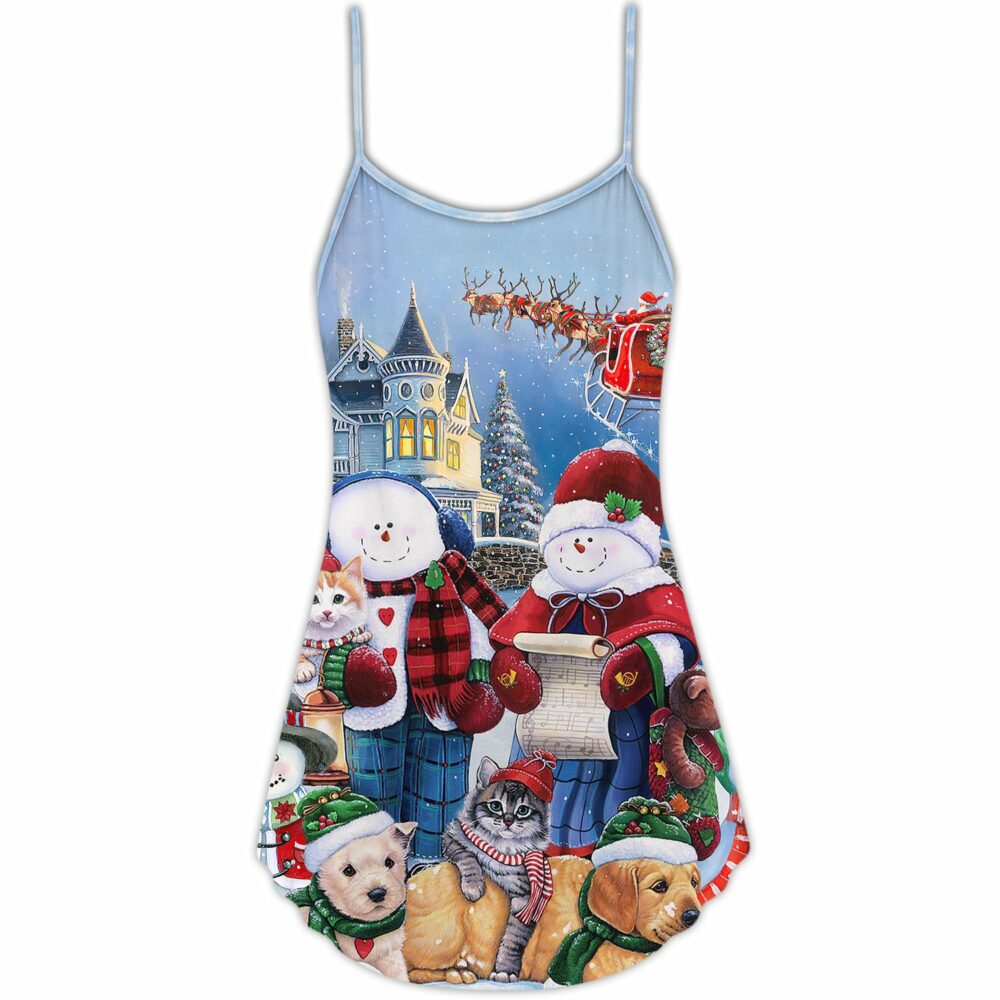 Christmas Family In Love Snowman So Happy Xmas Art Style - V-neck Sleeveless Cami Dress - Owl Ohh - Owl Ohh