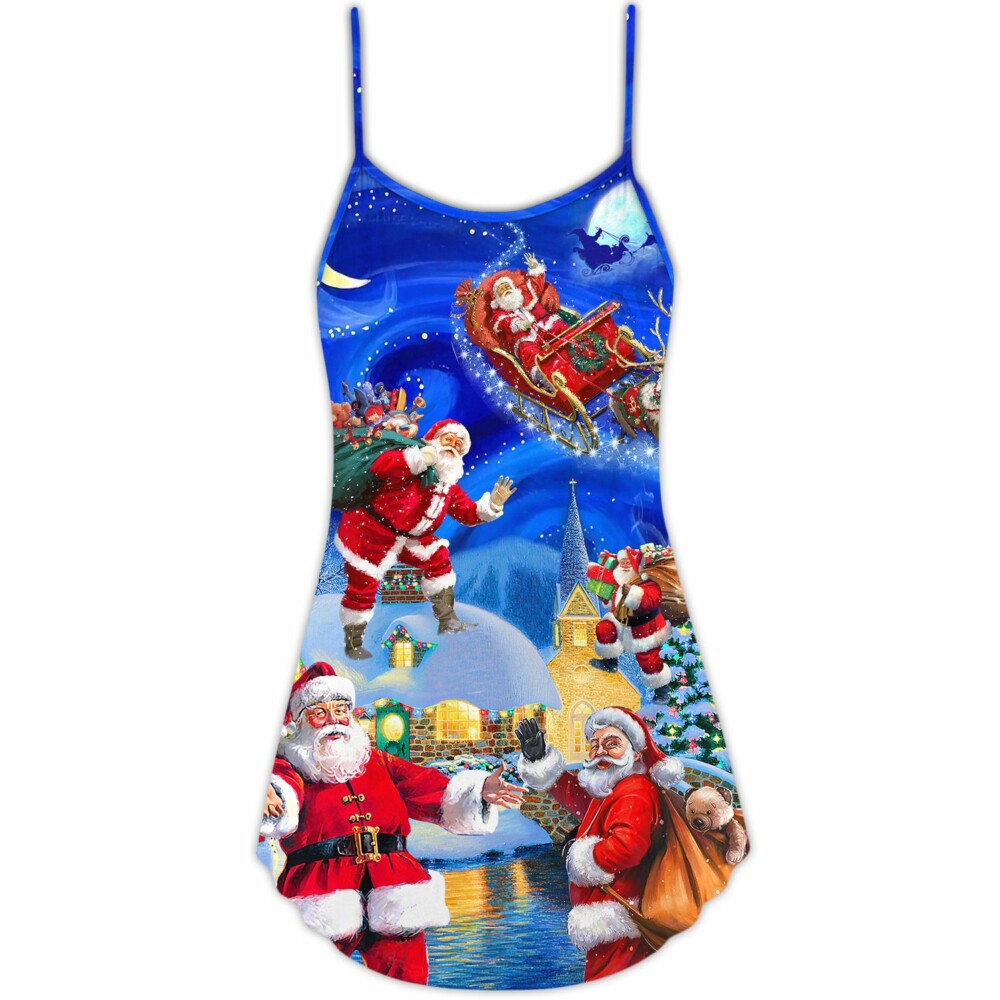 Christmas Santa Claus In The Town Magic Night Art Style - V-neck Sleeveless Cami Dress - Owl Ohh - Owl Ohh