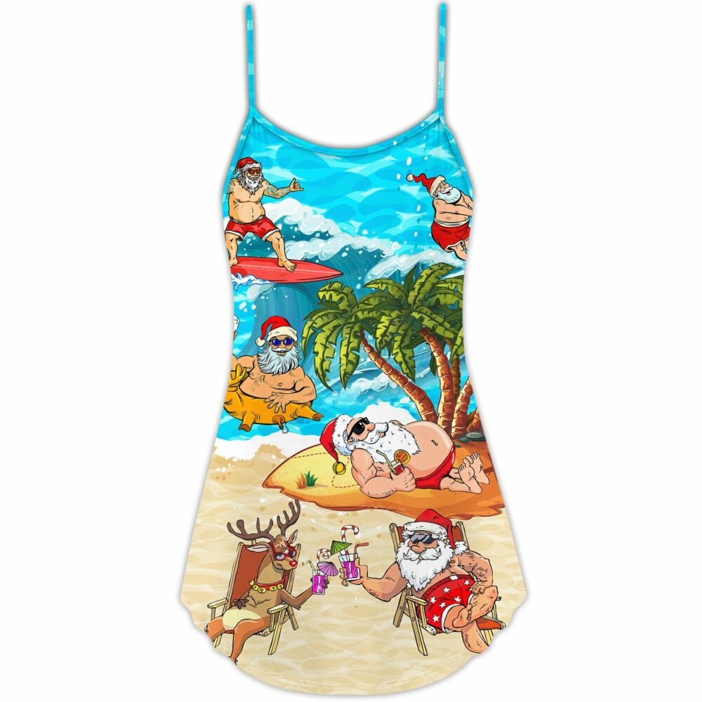 Christmas Santa Claus Chilling On The Beach Mele Kalikimaka Funny - V-neck Sleeveless Cami Dress - Owl Ohh - Owl Ohh