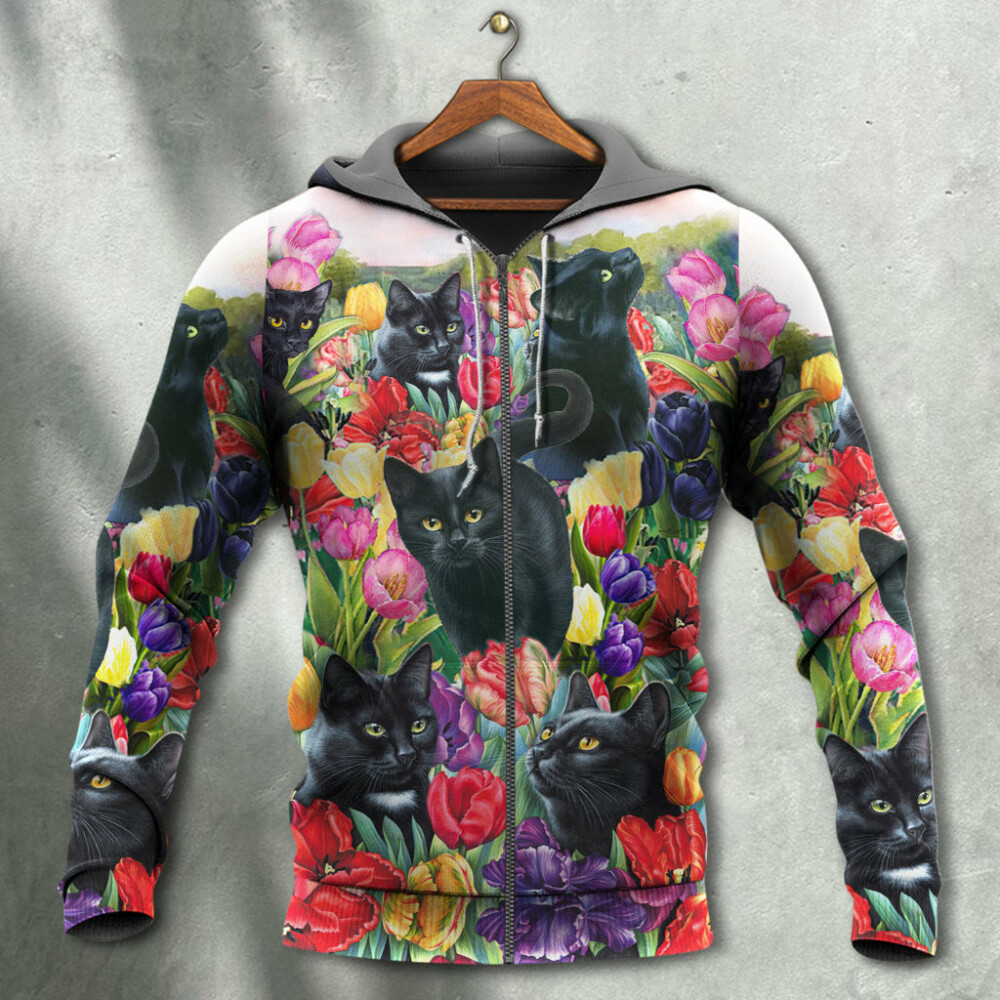 Black Cat Love Flowers Colorful - Hoodie - Owl Ohh - Owl Ohh