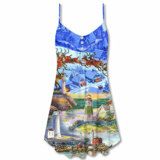 Lighthouse Christmas Santa Through The Storm - V-neck Sleeveless Cami Dress - Owl Ohh - Owl Ohh